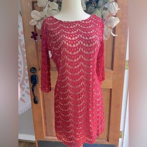 Aakaa Lace-Overlay Swoop Backless Long Sleeve Sexy Red Dress